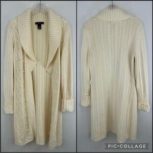 Bandolino Ivory Cable Knit Cardigan Women Medium Long Cozy Shawl Collar Sweater